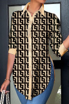 Khaki Casual Print Patchwork Buckle Turndown Collar Tops