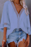 Casual Solid Hollowed Out Split Joint V Neck Tops