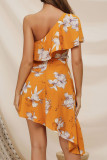 Fashion Street Print Split Joint One Shoulder Irregular Dresses