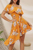 Fashion Street Print Split Joint One Shoulder Irregular Dresses