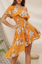 Fashion Street Print Split Joint One Shoulder Irregular Dresses
