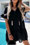 Fashion Sweet Solid Tassel Split Joint Flounce V Neck A Line Dresses