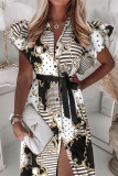 Elegant Print Buckle Flounce Turndown Collar A Line Dresses