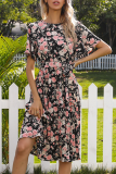 Elegant Floral Frenulum Fold O Neck A Line Dresses