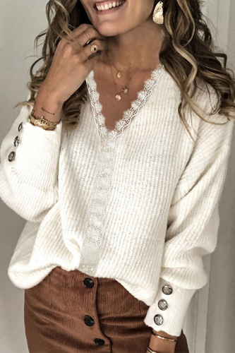Casual Solid Lace Patchwork Buckle V Neck Tops