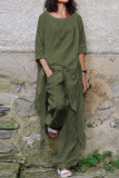 Casual Simplicity Solid Asymmetrical O Neck Three Quarter Two Pieces