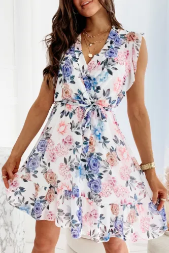 Fashion Elegant Floral Flounce With Belt V Neck A Line Dresses