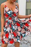 Fashion Street Print Split Joint V Neck Waist Skirt Dresses