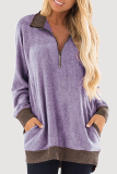 Casual Patchwork Pocket Zipper Turndown Collar Tops