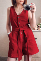 Fashion Street Solid With Belt V Neck Loose Rompers