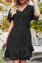 Elegant Dot Patchwork Flounce V Neck A Line Dresses