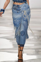 Fashion Street Solid Patchwork Mid Waist Harlan Denim