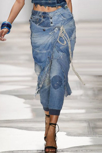 Fashion Street Solid Patchwork Mid Waist Harlan Denim