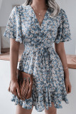 Fashion Casual Print Split Joint V Neck Waist Skirt Dresses