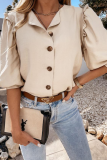 Elegant Solid Buckle Stringy Selvedge Turndown Collar Blouses(3 Colors)