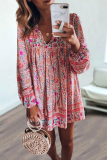 Casual Print Split Joint V Neck Cake Skirt Dresses