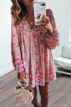 Casual Print Split Joint V Neck Cake Skirt Dresses