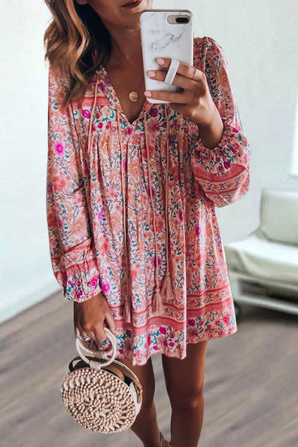 Casual Print Split Joint V Neck Cake Skirt Dresses