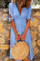 Fashion Casual Solid Split Joint V Neck A Line Dresses