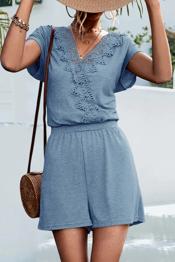 Casual Daily Solid Lace Patchwork V Neck Loose Rompers