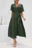 Elegant Solid Split Joint With Belt V Neck Cake Skirt Dresses