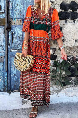 Fashion Bohemian Print Patchwork V Neck A Line Dresses
