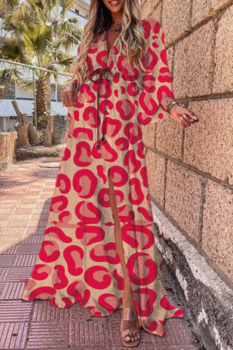 Fashion Bohemian Print Slit V Neck Waist Skirt Dresses