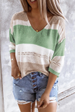 Casual Striped Patchwork V Neck Tops
