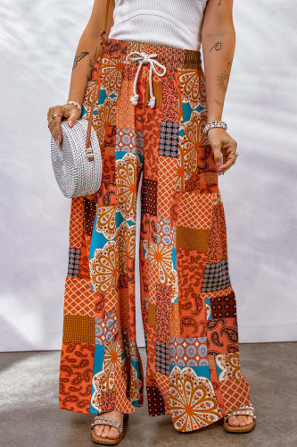College Vacation Print Patchwork Loose Mid Waist Wide Leg Full Print Bottoms