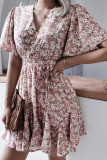 Fashion Casual Print Split Joint V Neck Waist Skirt Dresses
