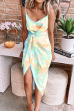 Sexy Patchwork Tie-dye Spaghetti Strap Irregular Dress Dresses