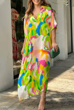Bohemian Vacation Print Patchwork V Neck Printed Dress Short Sleeve Dress