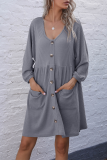 Casual Solid Pocket Buckle V Neck A Line Dresses