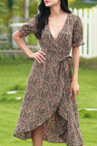 Elegant Print Frenulum V Neck Irregular Dress Dresses