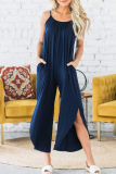 Casual Solid Slit Capris O Neck Loose Jumpsuits