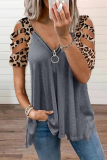 Casual Leopard Hollowed Out Zipper V Neck T-Shirts