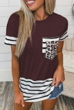 Casual Striped Leopard Patchwork Pocket T-Shirts