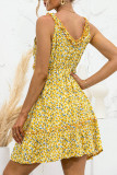 Fashion Sweet Print Split Joint V Neck A Line Dresses