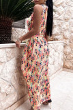 Fashion Bohemian Print Split Joint Halter Waist Skirt Dresses
