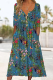 Casual College Print Pocket Buttons O Neck Long Sleeve Dresses