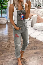 Daily Lips Printed Ripped Pocket Sleeveless Denim Jumpsuits