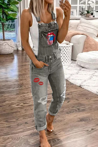Daily Lips Printed Ripped Pocket Sleeveless Denim Jumpsuits