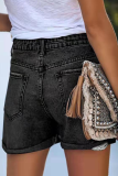 Street Solid Ripped Make Old Mid Waist Straight Denim Shorts