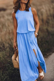 Fashion Casual Solid Patchwork Slit O Neck Waist Skirt Dresses