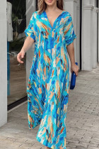 Bohemian Vacation Print Patchwork V Neck Printed Dress Short Sleeve Dress
