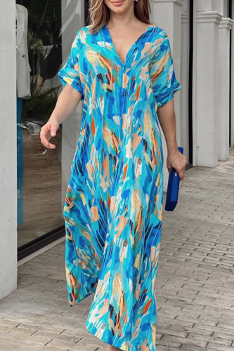 Bohemian Vacation Print Patchwork V Neck Printed Dress Short Sleeve Dress