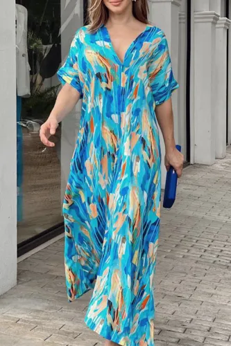 Bohemian Vacation Print Patchwork V Neck Printed Dress Short Sleeve Dress