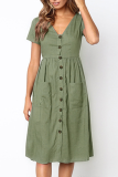 Elegant Solid Pocket Buckle V Neck A Line Dresses