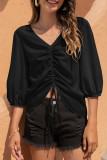 Fashion Street Solid Draw String V Neck Tops