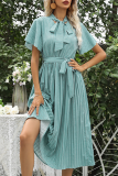 Elegant Print Frenulum With Bow Ribbon Collar Pleated Dresses